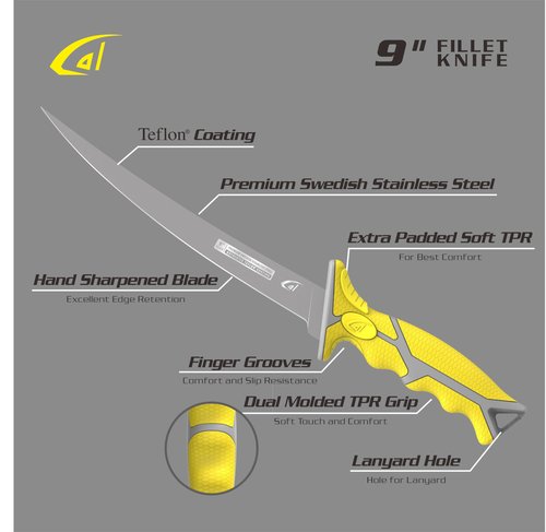 danco 9" Flex Fillet Knife Yellow Karl Fishing Knives, Premium Swedish Steel Blade, Non-Stick Teflon Coating for Smooth, Precise Cuts, Freshwater/Saltwater