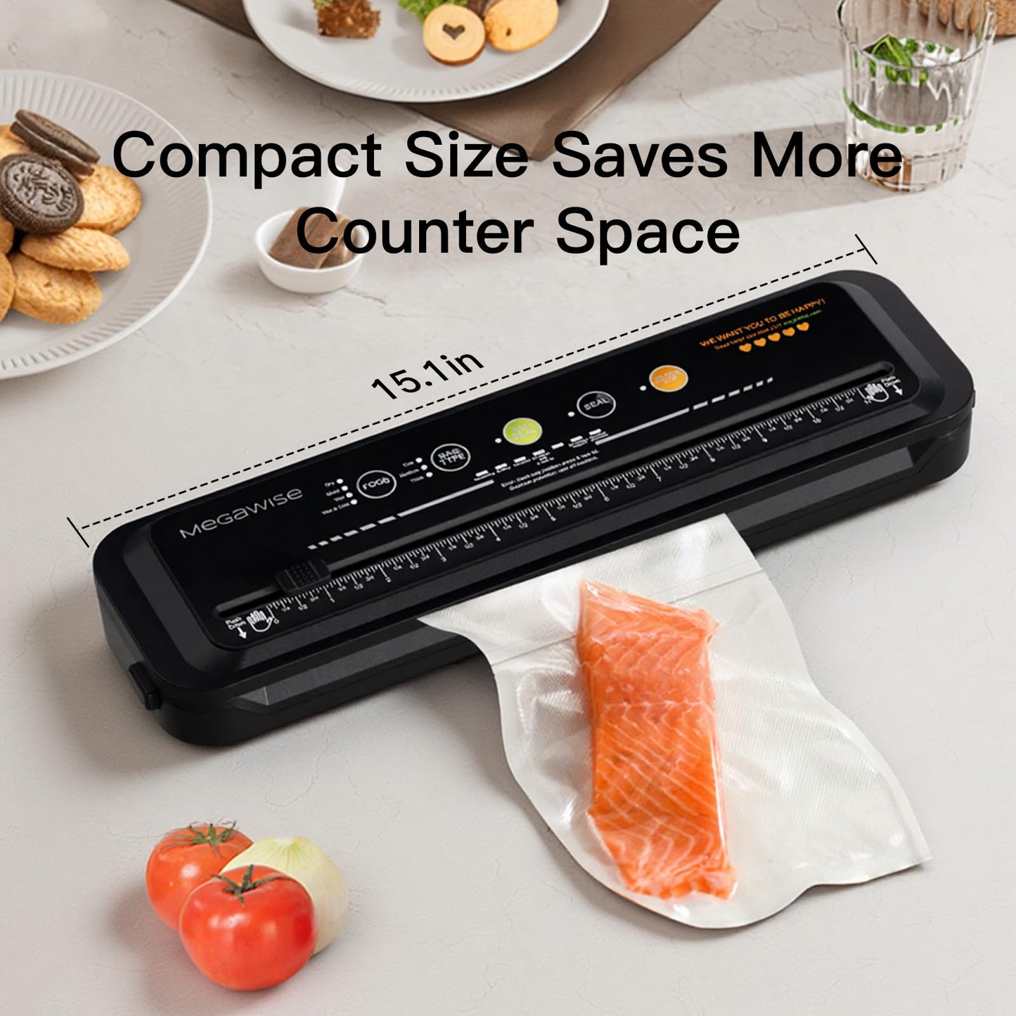 MEGAWISE Food Vacuum Sealer w/Starter Kit with Accessory Hose for Wide and Regular Mouth Sealer, Compact Design with 10 Vacuum Bags & Built-in Cutter