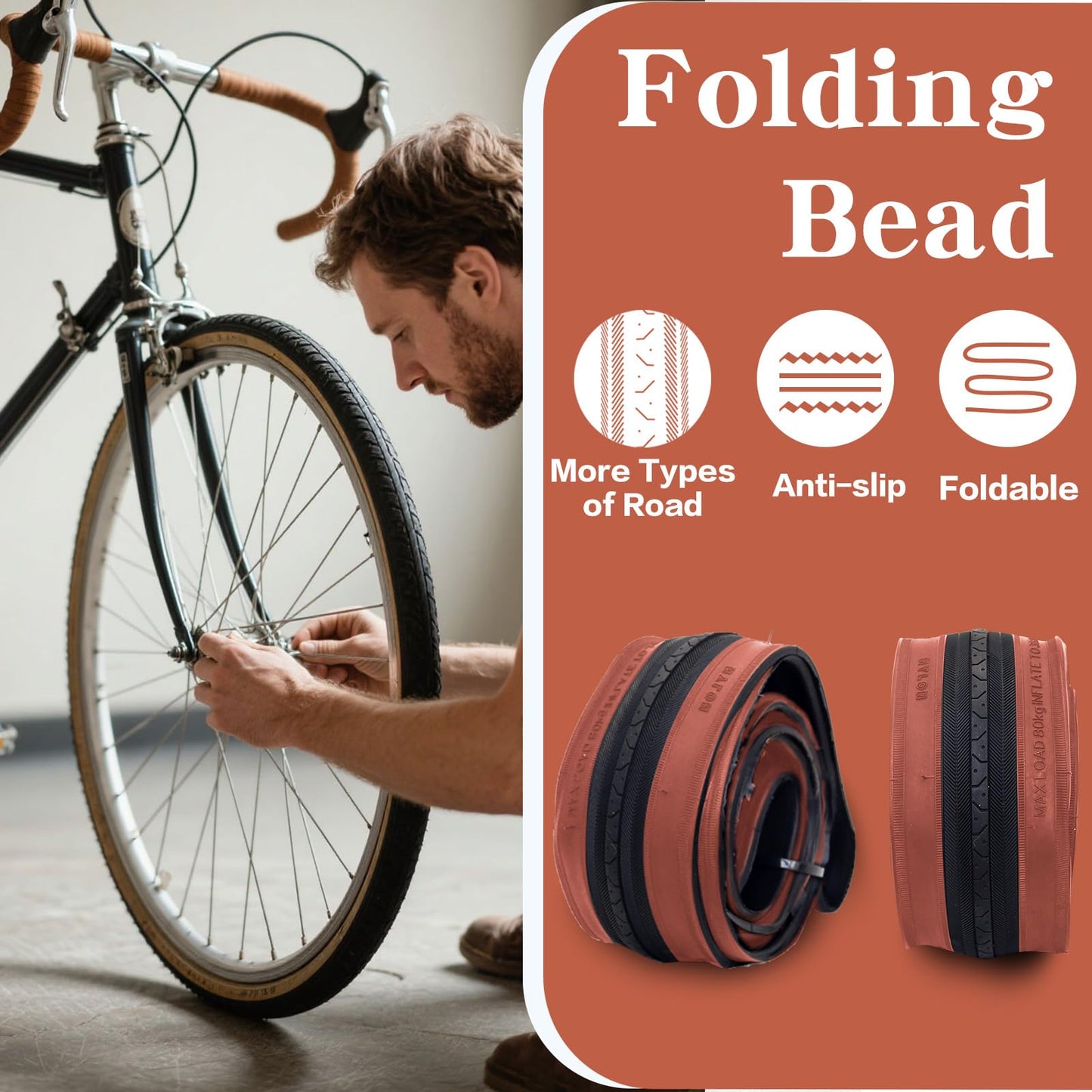 2-Pack 27x1 1/4 (32-630) Gumwall Road Bike Tires with 2 Tire Levers - Compatible with 27x1.25, 27x1 1/4 Bicycle Tires