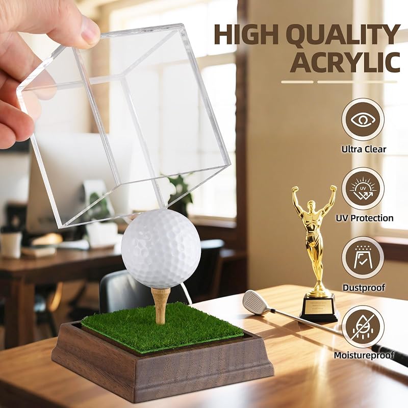 Hole In One Golf Ball Display Case with Walnut Base and UV-Protected Acrylic Cube - 1 Ball