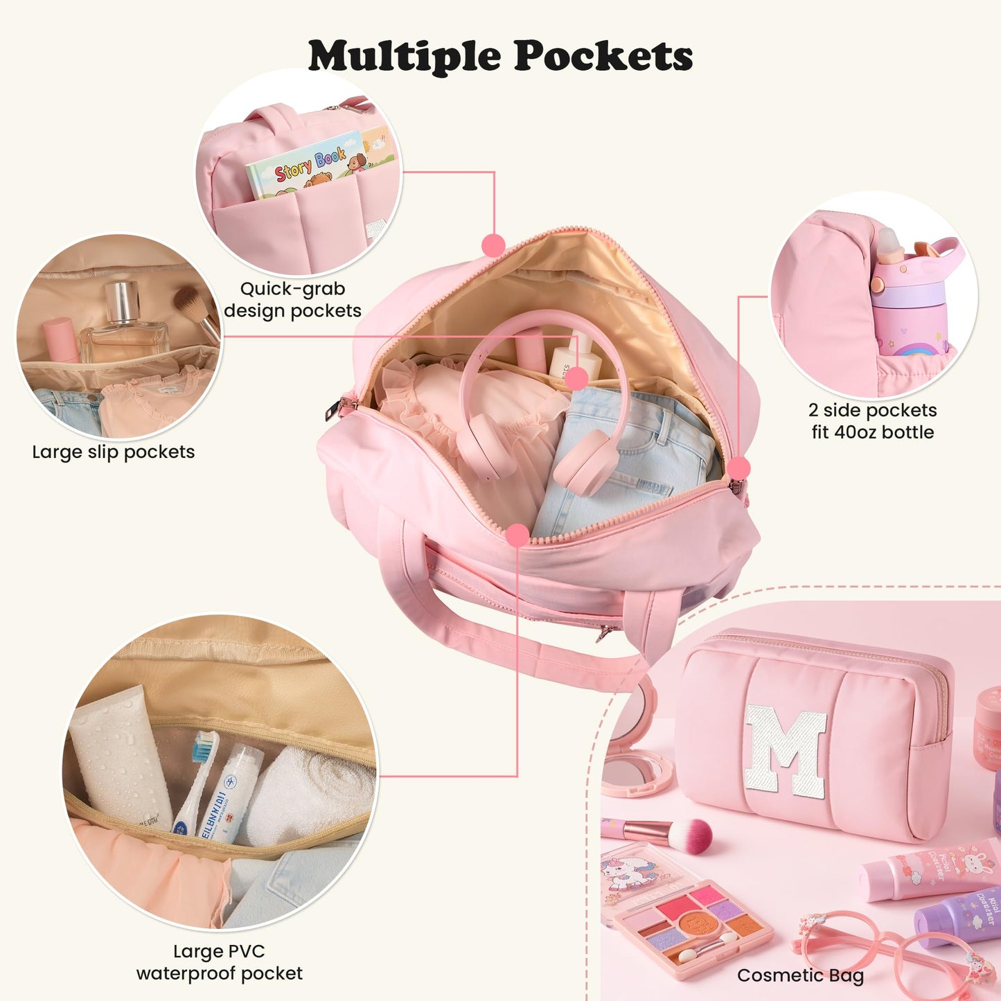 Vogewood Duffle Bag for Travel, Weekender Bags for Women-Gifts for Women Birthday, Initial Overnight Bag with Wet Pocket-Travel Bags with Makeup Pouch-Birthday Gifts for Kid/Girl/Teen-Dance Bags
