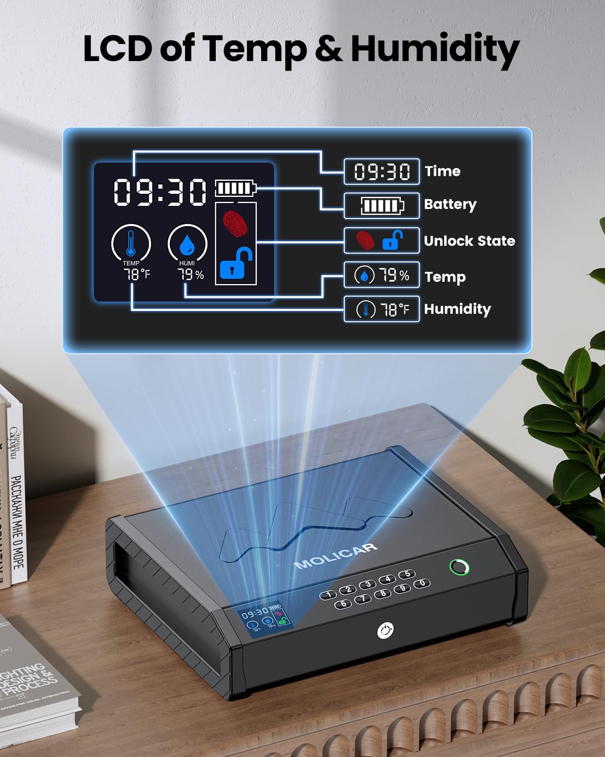 MOLICAR Gun Safe, Biometric Gun Safes for Handgun with LCD of Temp Humidity Battery, USB-C Port, Fingerprint Quick Access Pistol Safe for Home Bedside Nightstand Car