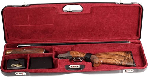 Negrini Luxury Shotgun Case - Hard Case for Over/Under, Un-Single, or Top-Single Shotgun - Fits 1 Shotgun, Up to 34” Barrels - Airline Approved, TSA Locks - Made in Italy - Black/Bordeaux