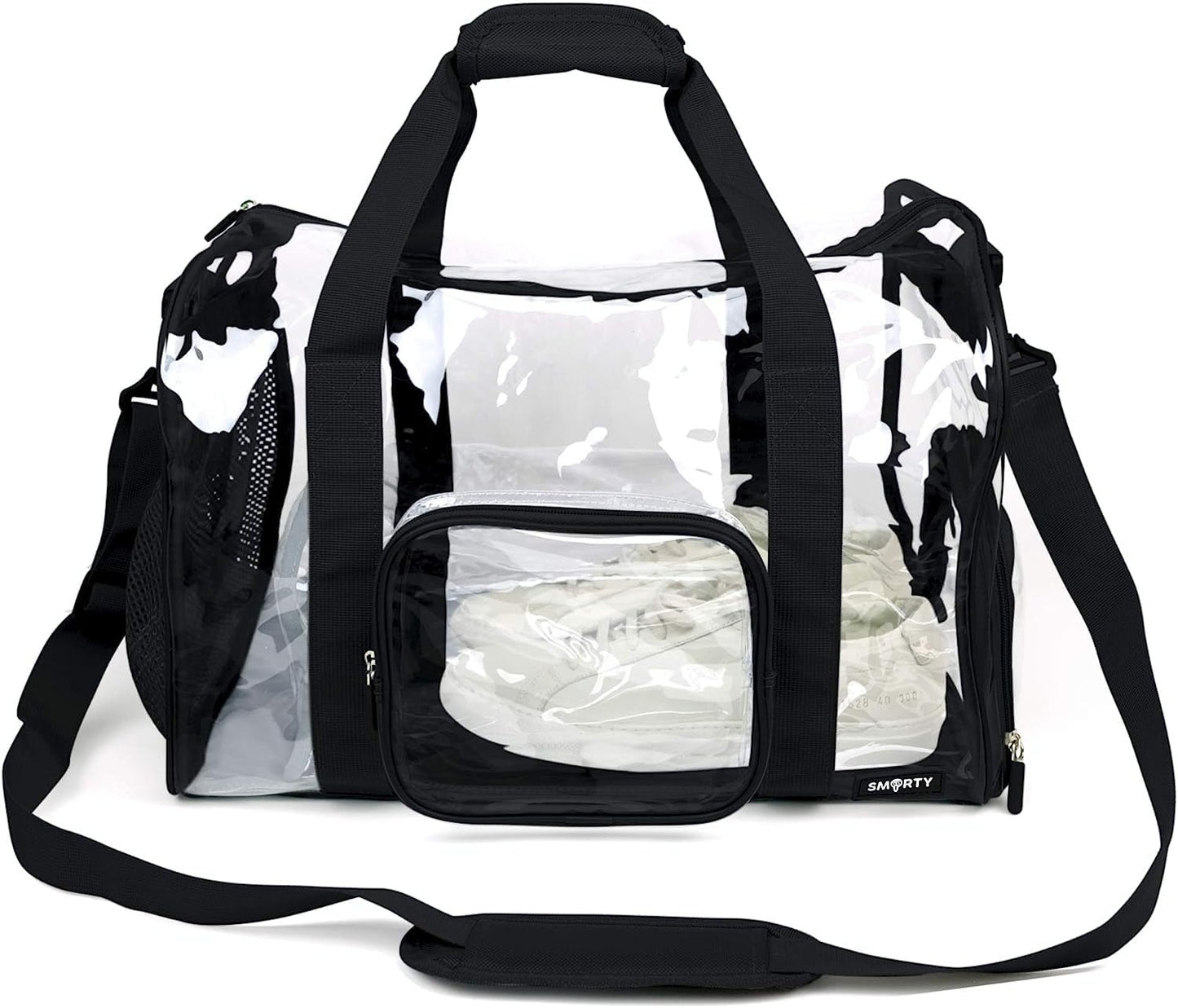 TXSN Heavy Duty Large Clear Duffel Gym Bag with Clear Bottom Transparent All Sides Shoe Pocket Removable Shoulder Strap for Men Women Fitness Security Check, Black