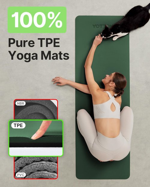 Yoga Mat,Non-Slip TPE Exercise Mat(1/4 Inch) for Pilates, Fitness & Barefoot Workouts, Home Gym Studio with Strap & Bag (Green)