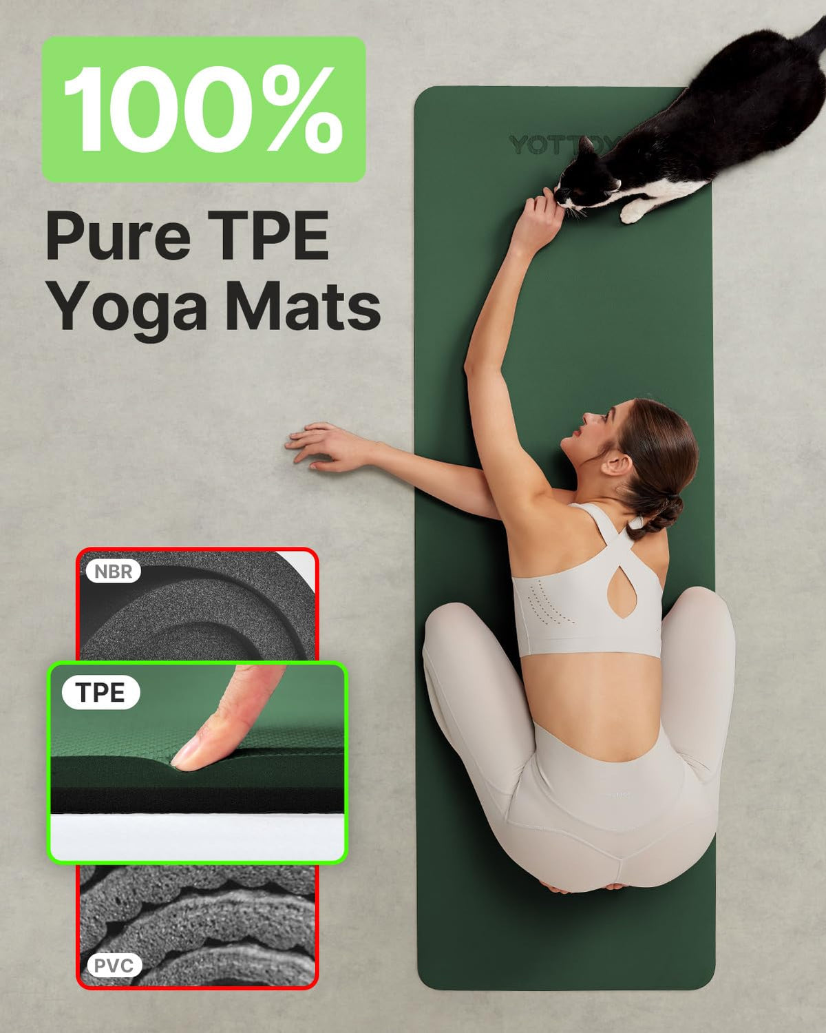 YOTTOY Yoga Mat, Non-Slip TPE Exercise Mat (1/4 Inch) for Pilates, Fitness & Barefoot Workouts, Home Gym Studio with Strap & Bag (Green, 24 * 0.24 Inches)