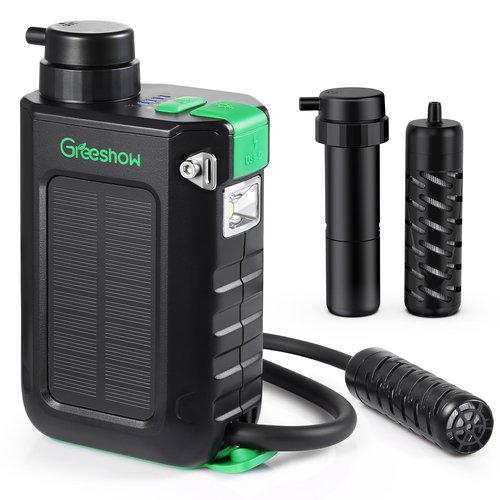 Greeshow Electric Portable Water Filter with Reusable 0.01 Micron Filter for Camping, Hiking, Survival with 3000mAh Portable Power Bank, Suport USB/Solar/Hand Crank Charing (Set of 2 Filters)