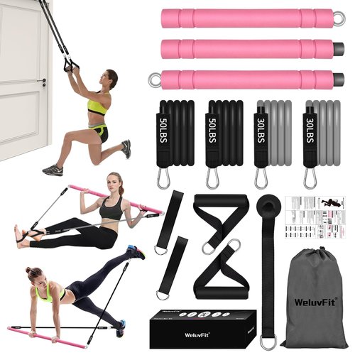 Multifunctional Portable Stackable Pilates Bar Kit with Resistance Bands, Door Anchor for Resistance Bands-Home Gym Equipment with Handles - Pilates Flexbands Supports Full-Body Workouts for Yoga Pink