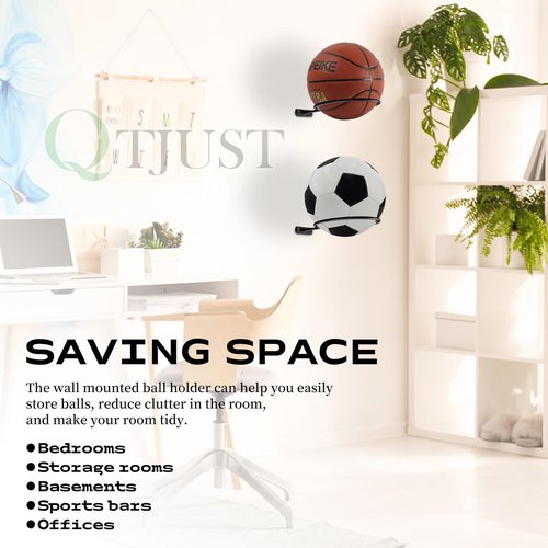 QTJUST 6in 4Pack Basketball Holder Wall Mmount Universal Ball Rack Metal Black Rack Holder Space Saver for Basketball Football Volleyball Soccer Storage Display Black