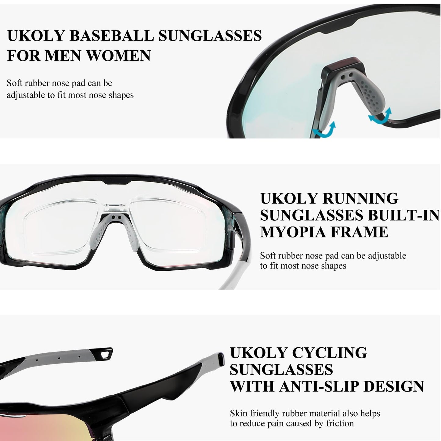 Ukoly Photochromic Cycling Glasses For Men Women, Sports Sunglasses For Baseball Running Cycling HD Lens UV400 Protection 628 (HD Photochromic Red)