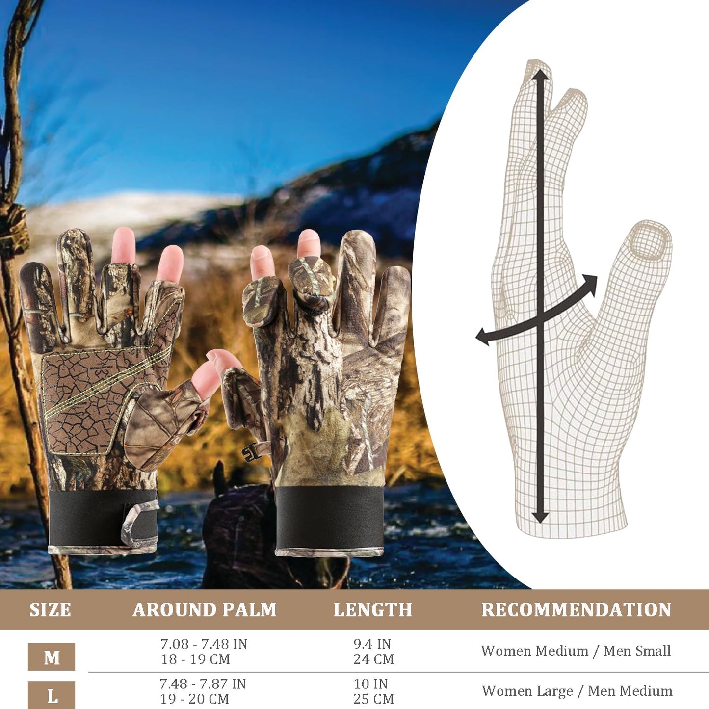Favuit Camouflage Hunting Gloves, Lightweight Anti-Slip Full Finger Fingerless Touchscreen Camo Gloves Outdoor Tactical Hunting Gear Archery Accessories for Turkey Fishing Airsoft