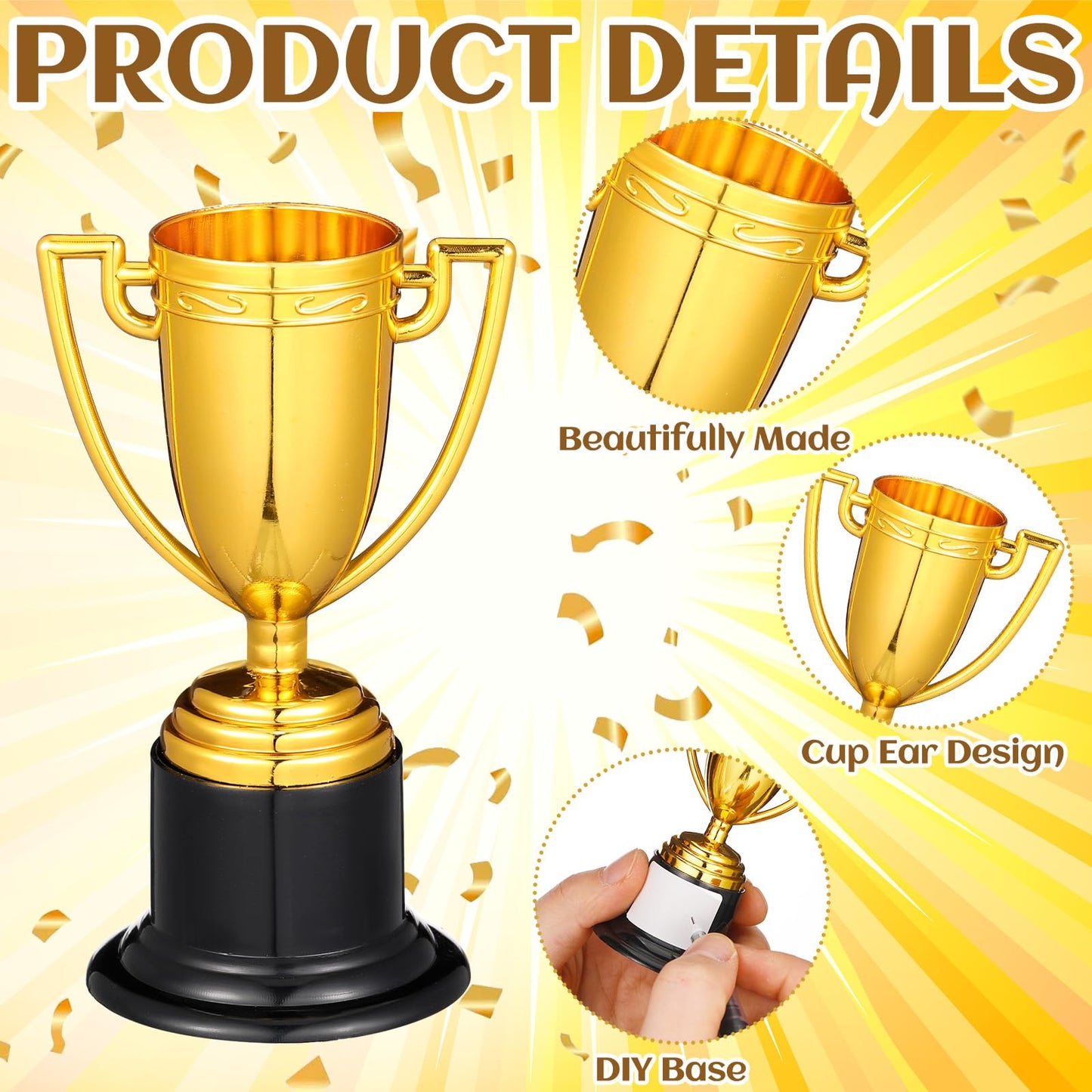 Blulu 12 Pcs Mini Trophies Gold Trophy Award End of Year Students Gifts Plastic Trophy 4 Inch Award Trophies with 1 Roll of Labels 50 Bags 50 Cable Ties 12 Cards for Sports Party Gifts
