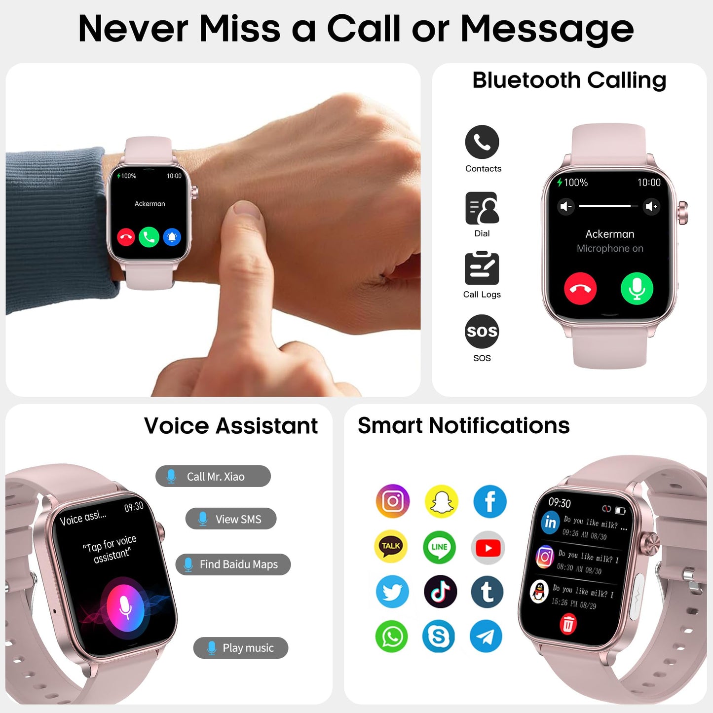 Yowow BIT Smart Watch for Men Women (Receive/Make Calls), 1.96" IPS Fitness Tracker, Heart Rate/Blood Oxygen/Blood Pressure/Sleep Monitor/20+ Sports Modes, Pedometer for Android iOS (Pink)