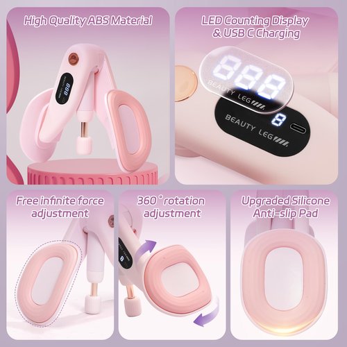QIUTONG Thigh Master 2025 Upgraded, 10-78LB Thigh Master Thigh Exerciser, LED Inner Thigh Exerciser, 360° Pelvic Floor Exercise Devices, Hip Trainer Kegel Excerciser, 20LB Resistance Band, Light Pink