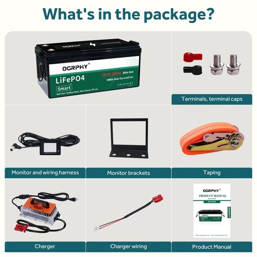 OGRPHY 36V Lithium Golf Cart Battery Conversion Kit, 200A BMS(1000A Peak Current), with Touch Monitor and Retention Strap, 4000+ Cycles 36V Lithium Battery with Charger Perfect for Golf Carts(102AH)