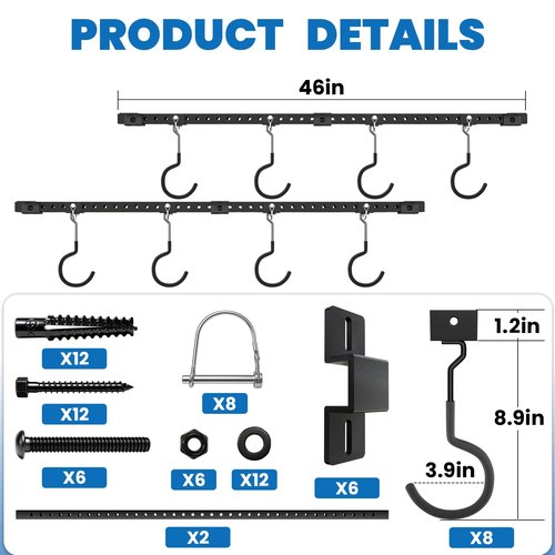 LXVOOEE Bike Ceiling Mount for Garage with 8Pcs Adjustable Rubber Coated Bike Hooks, Ceiling Bike Hangers for Garage Bike Rack Indoor Bicyle Storage Rack, Holds Up to 704lbs for 4-8 Bikes