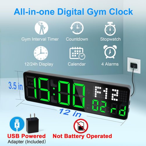 Gym Timer, 12'' Digital Wall Clock with Seconds Date for Home Gym, 5 Display Modes |4 Alarms | Remote Control Interval Workout Countdown Timer/Stopwatch for Classroom Office Living Room