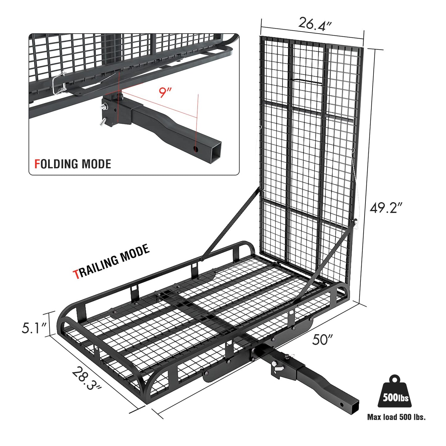 Hitch Mount Steel Cargo Carrier Basket with 49'' Folding Wheelchair Ramp, Fits 2'' Trailer Mounted Hitches