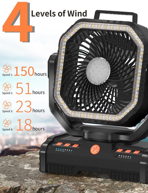 EEIFO 12 Inch Camping Fan,40000mAh Portable Fan with LED Lantern Light,Cool white & Warm White Dimmable Fans, Oscillating Fan with 360° Rotation Hanging Hook for Tents, Cordless USB Desk Fan(Black)