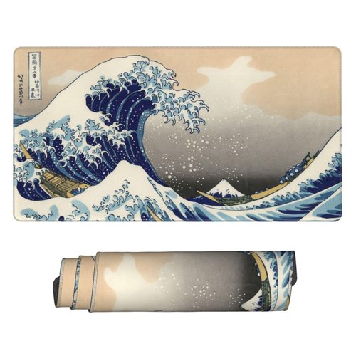 Playmat for MTG Card Game TCG Board Game Trading Card Game Play Mat CCG Mat Desk Pad Stitched Edges Rubber Base Smooth Surface Japanese Ink Painting Wave 23.5x13.7in
