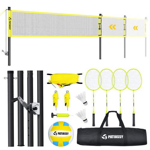 Patiassy 32ft, 26ft and 20ft Width and Height Adjustable Volleyball and Badminton Combo Set with Net, Winch System, 4 Badminton Rackets, 2 Goose Feather Shuttlecocks and Volleyball for Backyards