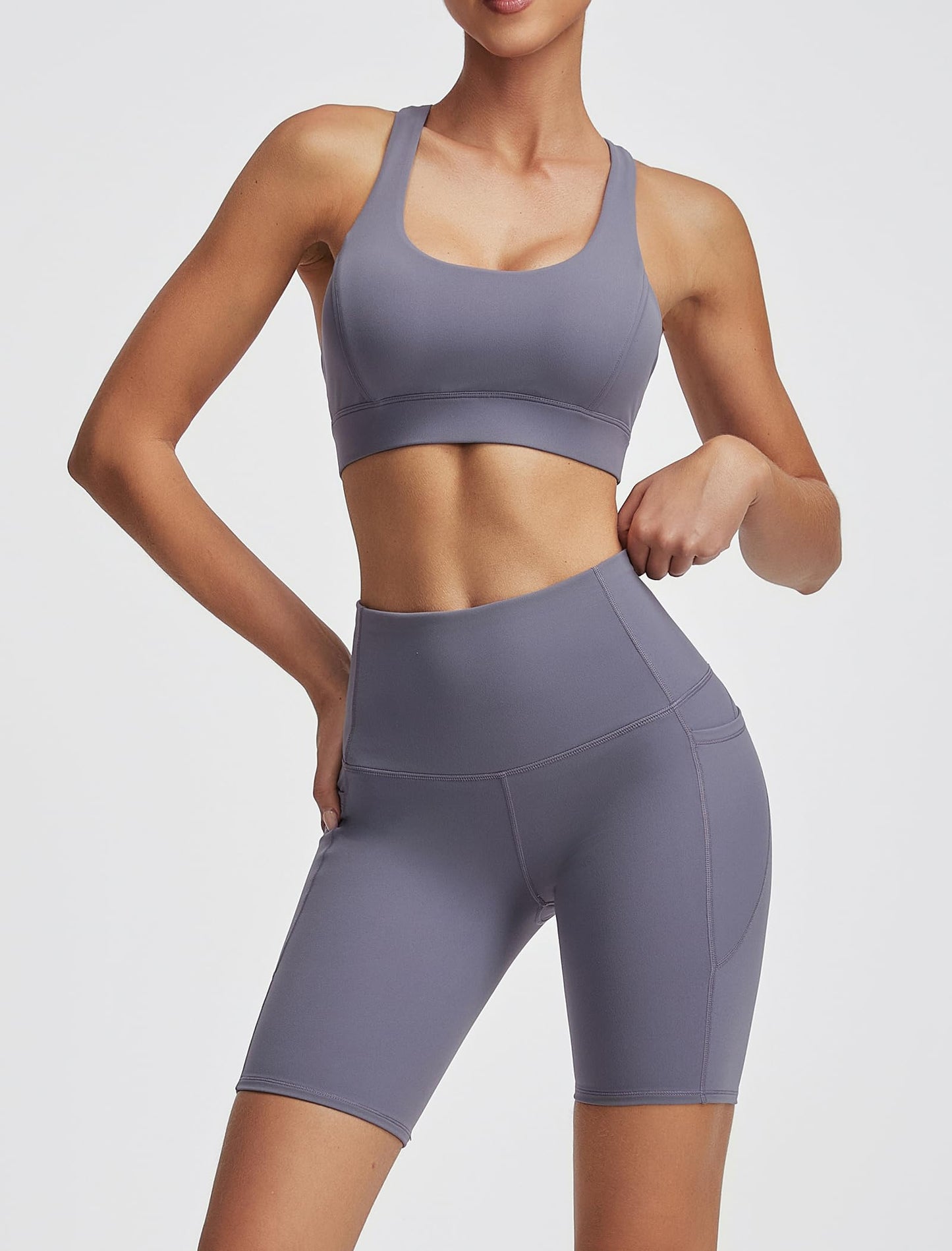 kakola Compression Workout Shorts for Women High Waist Athletic Biker Shorts with Side Pockets Purple