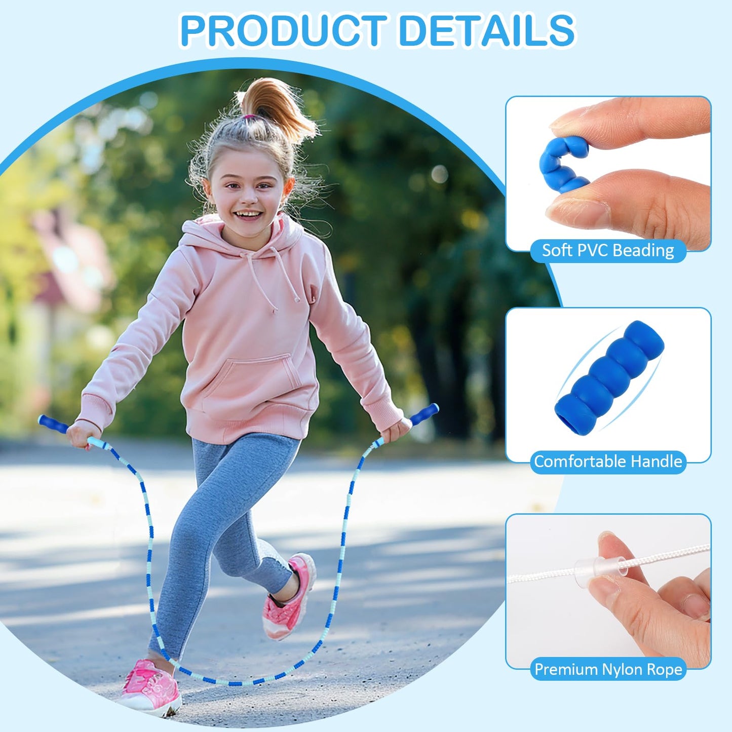 Jump Rope for Kids, Adjustable Jump Ropes for 4 5 6 7 8 10 12, Tangle Free Jumping Rope Age 8-12, Segmented Soft Beaded Skipping Rope for Women Fitness (Blue + Pink)