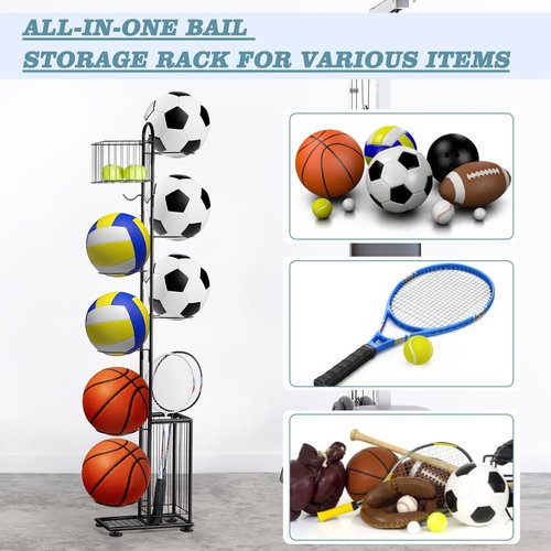 melos 7 Tier Basketball Ball Storage Rack, Freestanding Basketball Holder Garage Ball Storage Sport Organizer Rack with Basket for Volleyball Football Basketball, Indoor/Outdoor