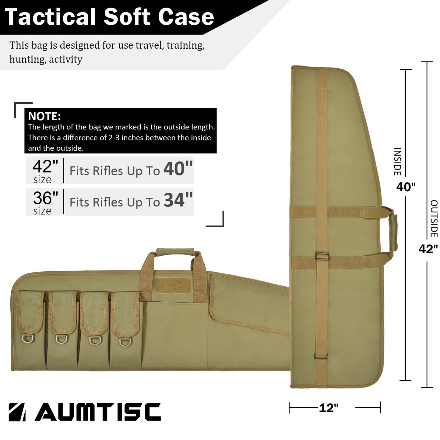 AUMTISC Soft Gun Rifle Case Padded, Ar15 Tactical Shotgun Bag, Carrying Range Gun Bags Cases for Scoped Rifles Hunting Shooting, Khaki 42