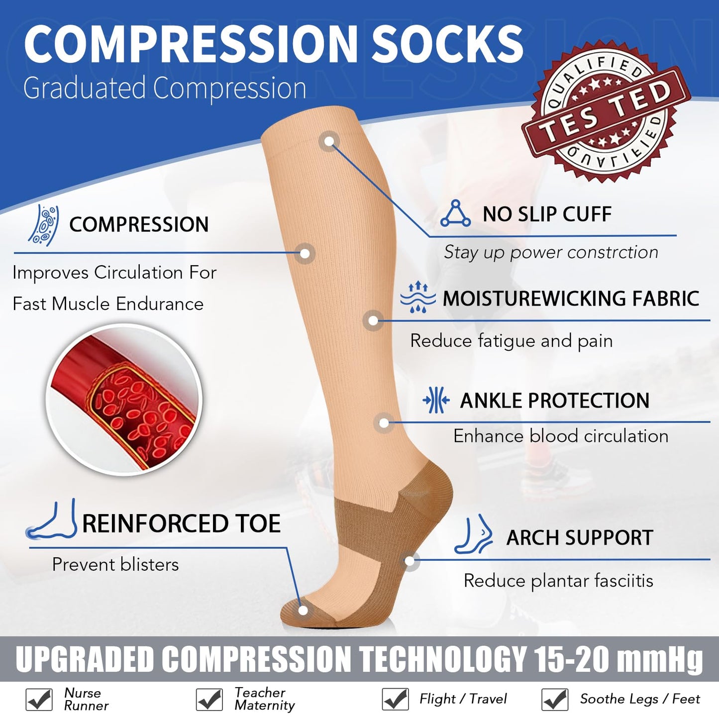 Sooverki Graduated Copper Compression Socks for Men & Women Circulation 8 Pairs 15-20mmHg - Best for Running Athletic Cycling