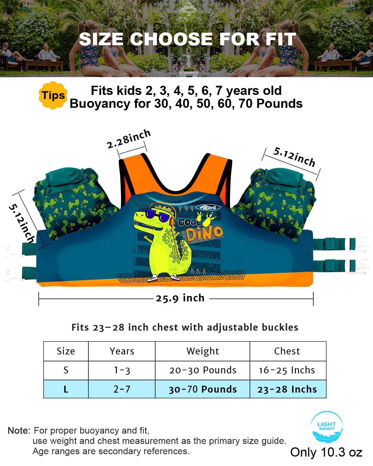 AEOCOO Puddle Float Jumper 30-50-60-70 Pounds, Toddler Swim Vest for 2-3-5-7 Years Old, Pool Floats with Swimming Arm Floaties Swim Jacket for Kids Swimmies, Boys, Girls, Niños, Cool-Dino