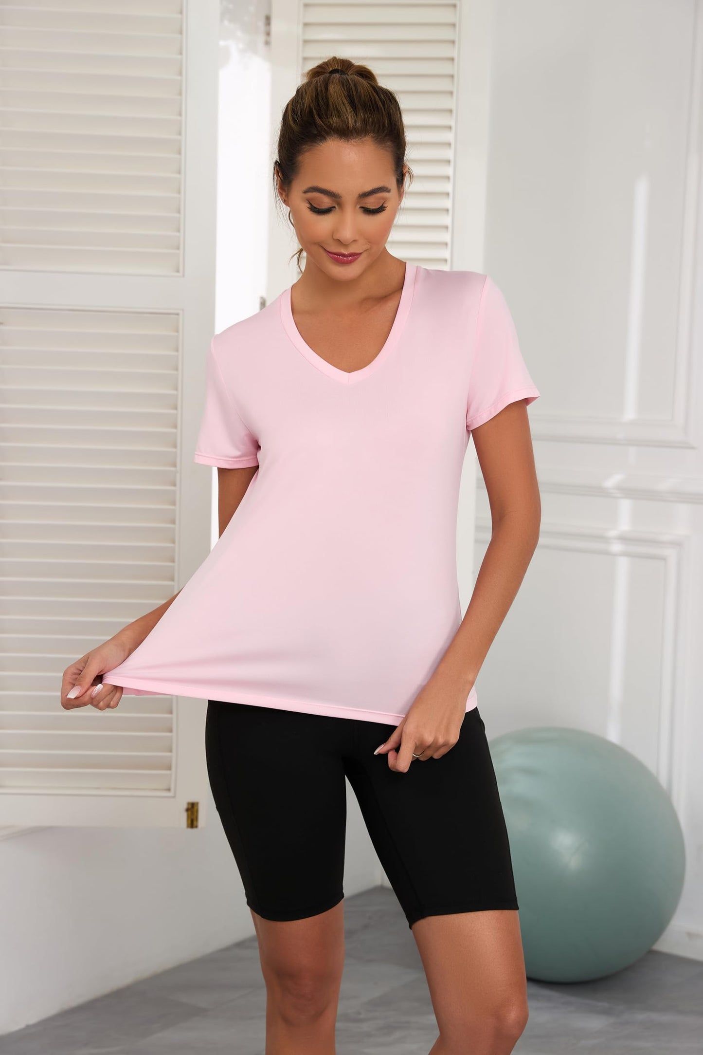 KevaMolly Pink Workout Tops for Women V Neck UPF50+ Breathable Loose Fit Yoga T Shirts Short Sleeve Running Gym Athletic Tee Top M