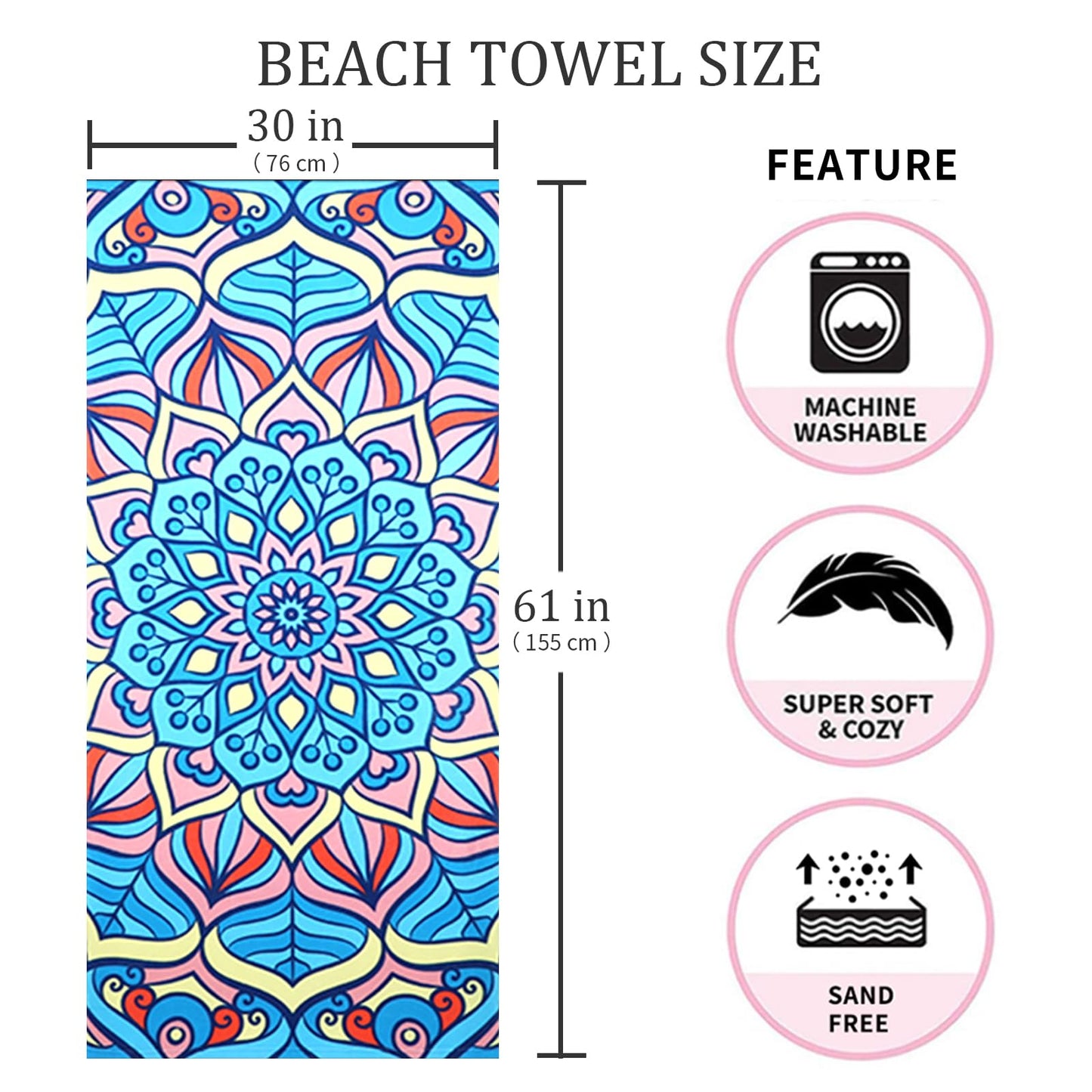 Auxory Beach Towel Microfiber 60"x30" Lightweight Sand Free Quicy Dry Blue Mandala Travel Towels Swim Pool Yoga Gym Camping for Women Men Girls Kids Beach Essentials Accessories Vacation Gift