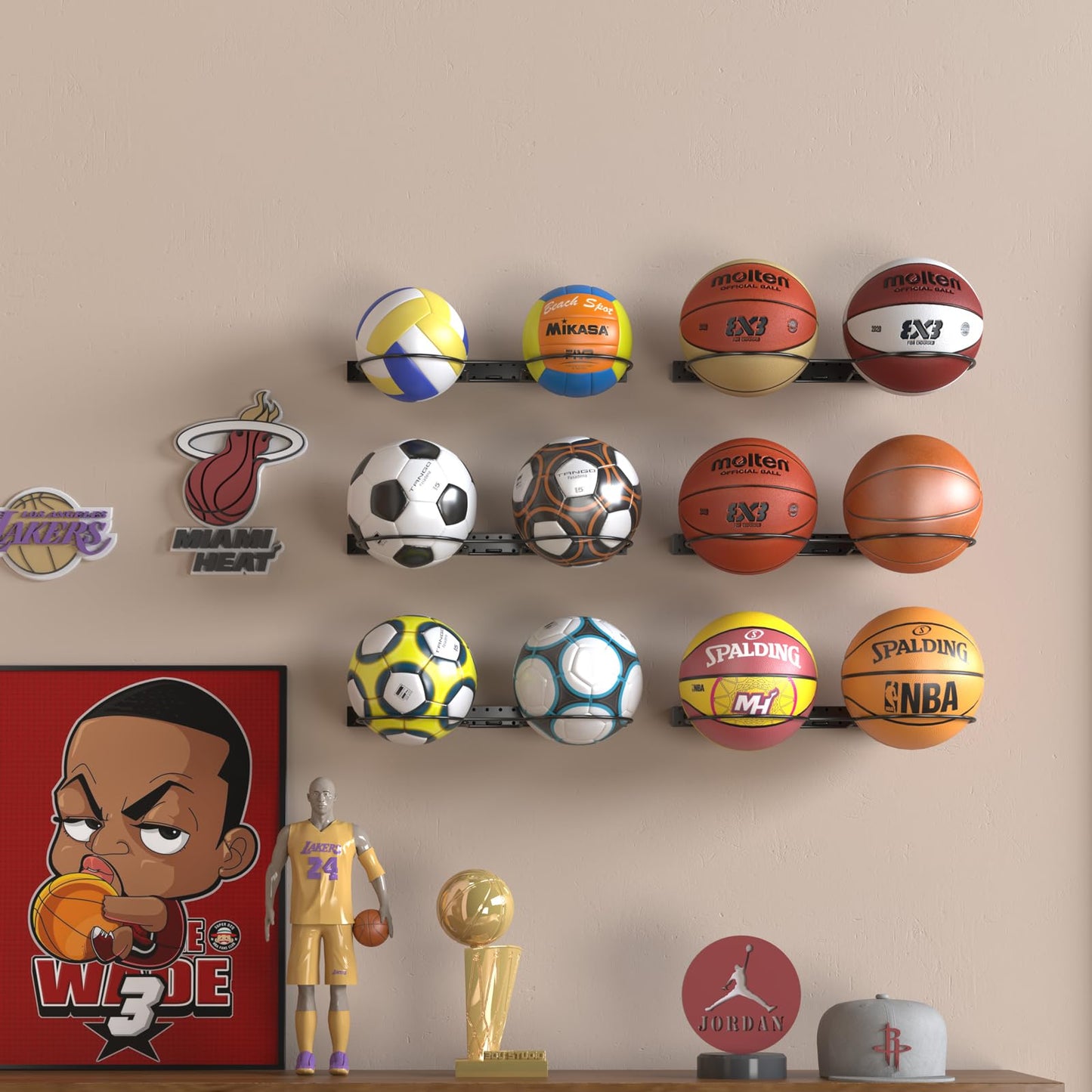 Feyejade 7 Tier Ball Holder Wall Mount:Detachable Wall Mounted Basketball Rack,10 Balls Vertical/Horizontal DIY with Hooks for Basketball Soccer Ball Volleyball Baseball Storage Display