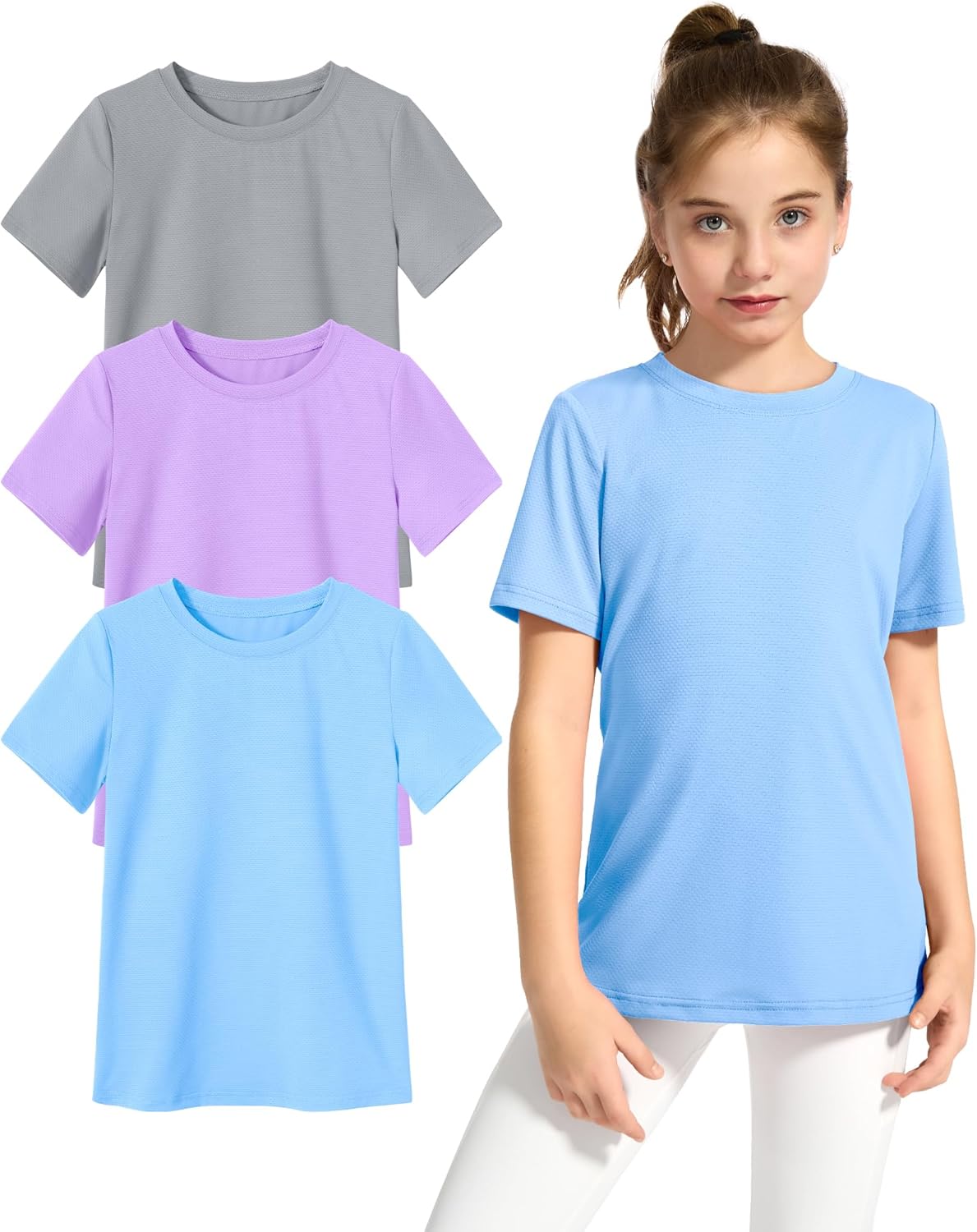 KEREDA Girls Athletic Shirts Quick Dry Short Sleeve Crew Neck T Shirts, Summer UPF 50+ Tee Tops for Teen Girls 3 Pack