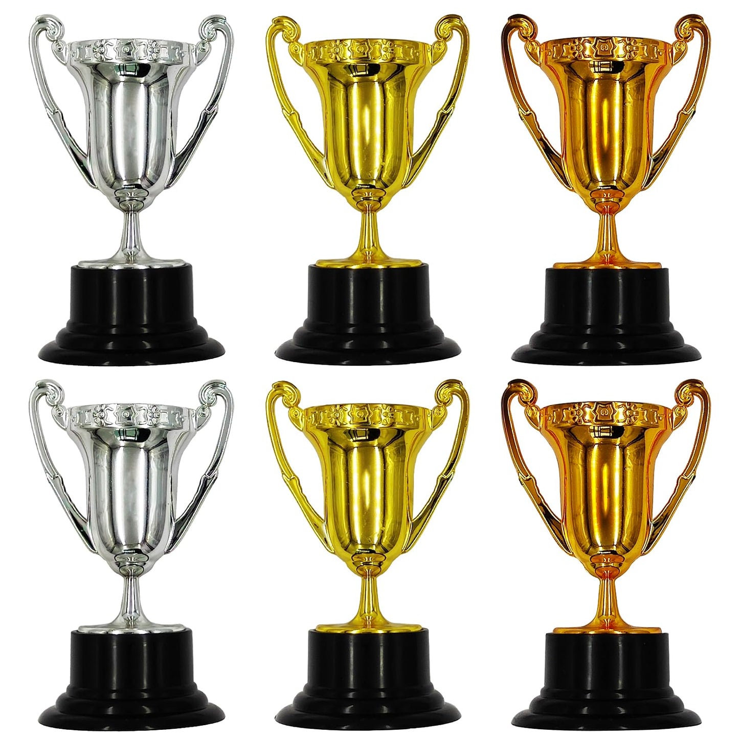 HOPELJ Kids Mini Award Trophy Cups - Pack of 6 Bulk - Plastic Gold Silver Bronze Award Trophies Set for Kids for Party Favors, Props, Rewards, Winning Prizes, Competitions