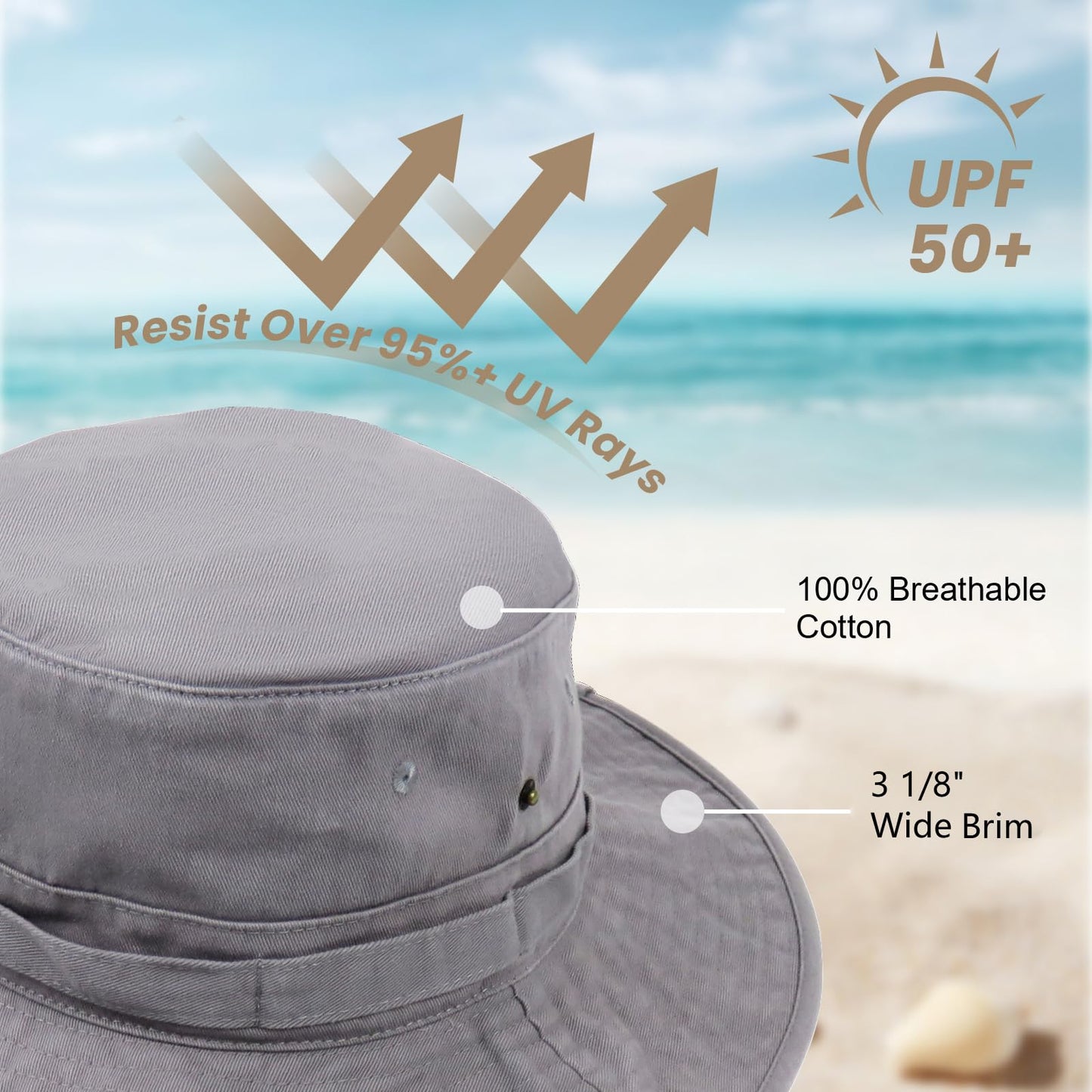 Phaiy Bucket Hat with String Grey Boonie Hat UPF 50+ Wide Brim Sun Hat for Men Fishing Hiking Safari