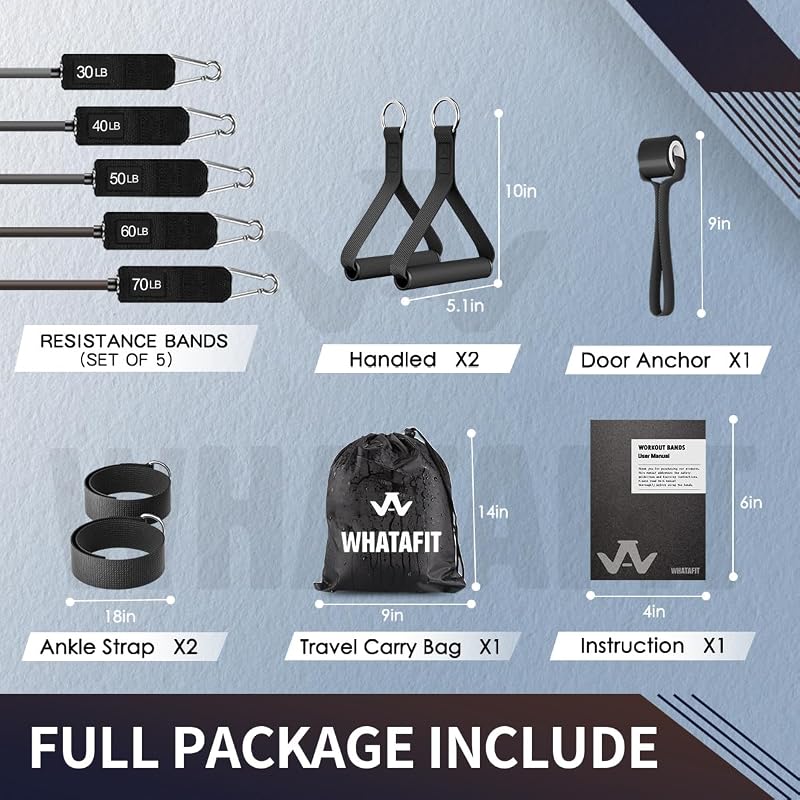 WHATAFIT Resistance Bands with Handles – Dark Gray 5-Color Tube Set (150 lb Max) Home Gym