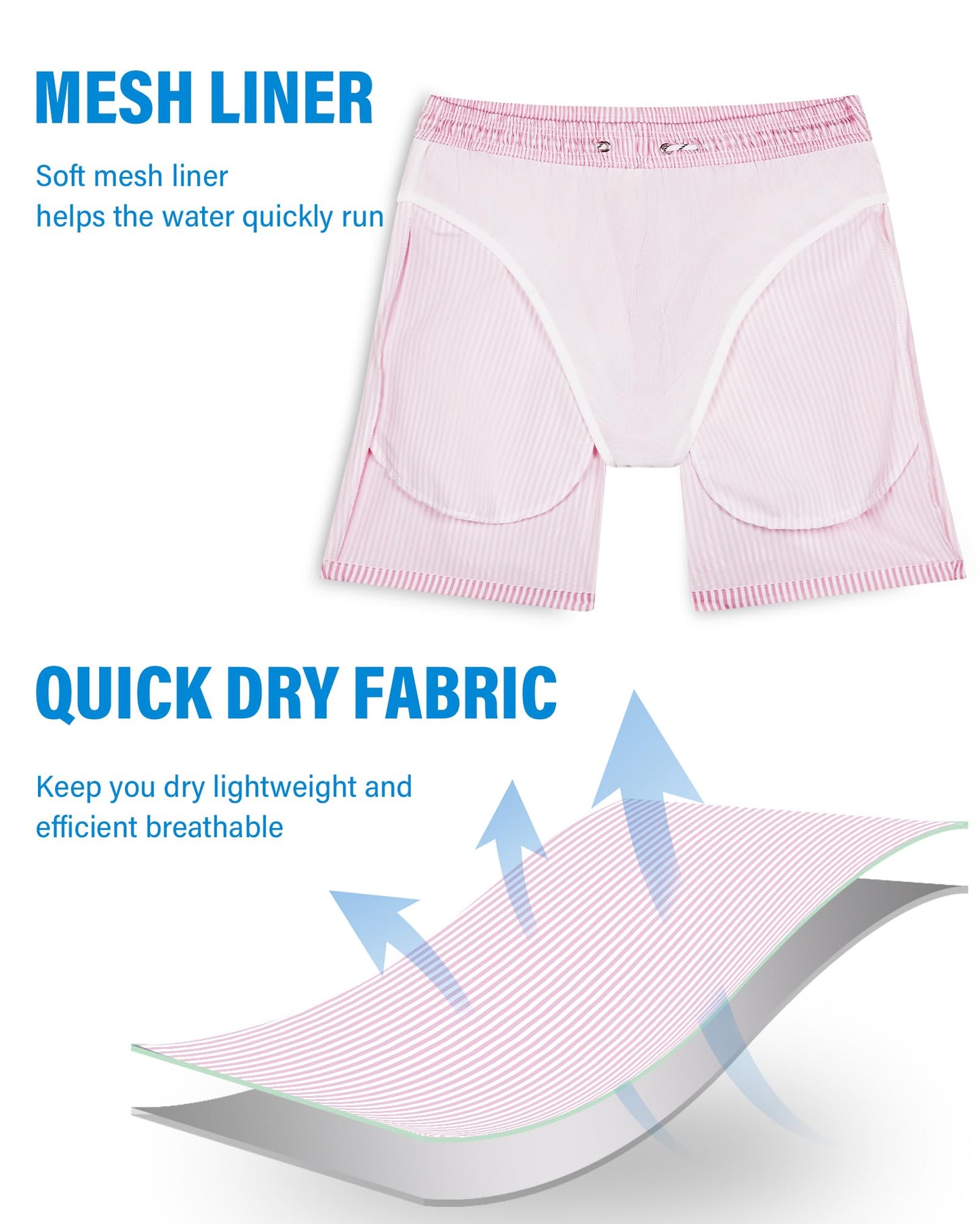 Gleeease Mens Beach Shorts Men's Bathing Suits with Mesh Liner Pockets Drawstring Quick Dry Stretch Lined Funny Beach Swimming Pool Surf Pink Striped Medium Swim Trunks
