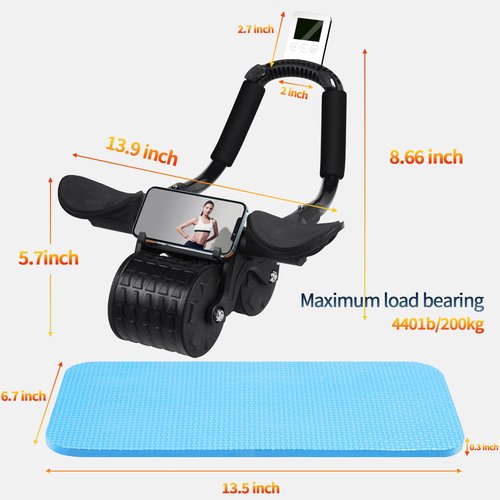 Tixahi Ab Roller Wheel with Timer & Knee Mat, Home Workout Auto Rebound Abdominal Wheel with Elbow Support - Core Workout Equipment for Strengthening Abs, Home Gym Exercise for Women & Men (Black)