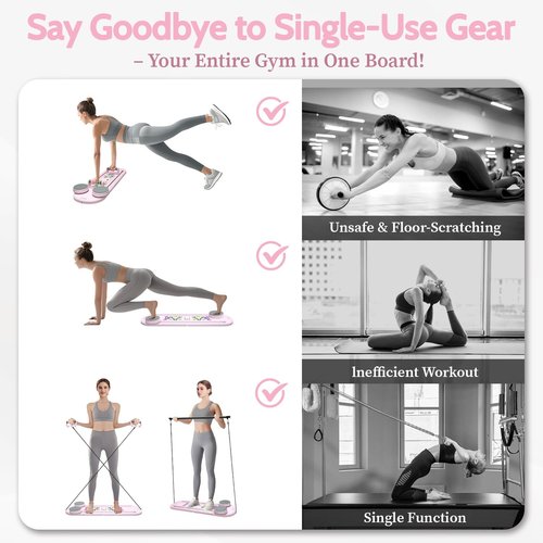 Pilates Reformer Set, Pilates Board, Multi-Purpose Foldable Pilate Reformer Board for Home, 6 in 1 Pilate Sliding Board for Women and Men (Pink, 38.6 x 12 in)