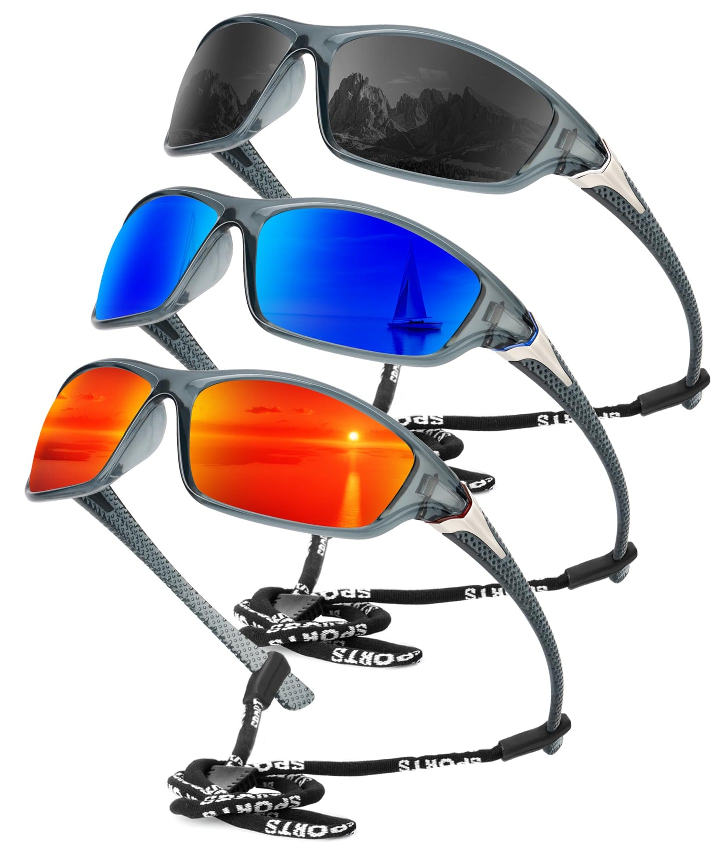 KALIYADI Sports Polarized Sunglasses Men UV400 Protection for Fishing Driving Cycling, Black/Orange/Blue, 3 Pack