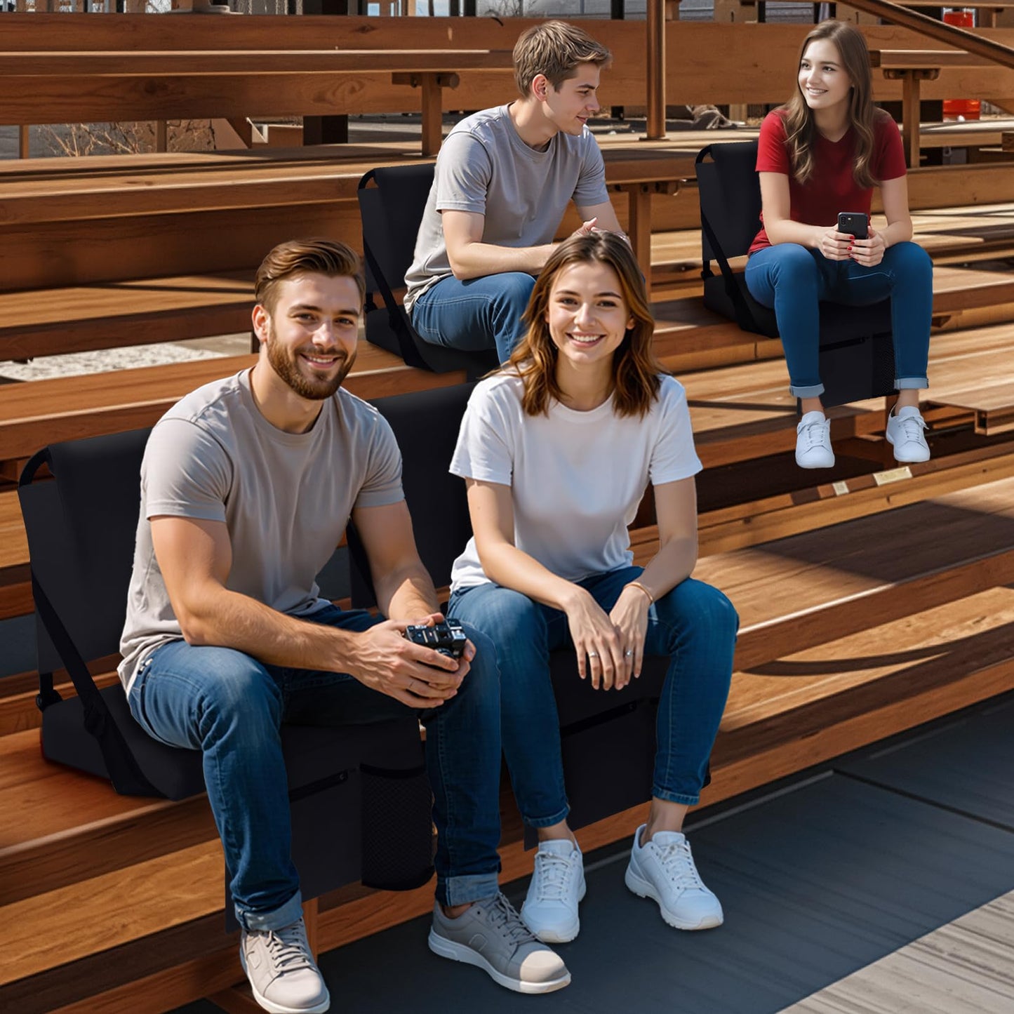 ACIPENSER 2pcs Stadium Seat for Bleachers with Back Support，Portable Bleacher Chairs with Back and Cushion，Includes Shoulder Strap and Cup Holder,Black
