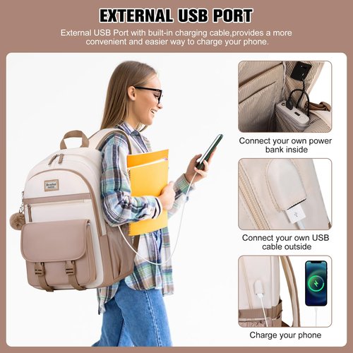 Bevalsa Backpack for Girls, School Backpacks for Girls, Kids Backpack with Lunch Box & Pencil Pouch for Teens Girl Kids Elementary Middle High School College Student Bookbag Daypack (Khaki Beige)
