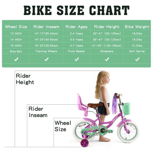 RULLY 14 Inch Girls Bike with Training Wheels, Purple Kids Bicycle with Basket & Doll Seat for 3 4 5 Years Old Toddlers, Children's Bicycle for Beginners