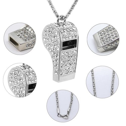 ARCSTILL Metal Rhinestone Lanyard Whistle Bling Crystal Loud Sound with Chain Whistle for Coaches, Referee, Teachers, Police, Lifeguard, Emergency, Sports, Adults (Silver)