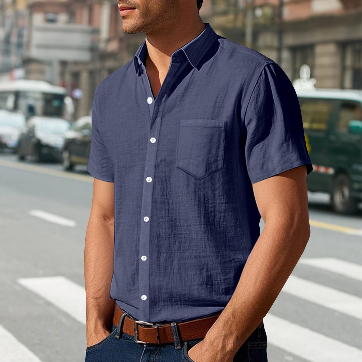 Men's Linen Button Down Shirts Short Sleeve V Neck Solid Collar T-Shirt Fitted Casual Tops Summer Tees Formal Shirt Blue