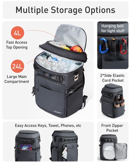 TOURIT 38 Cans Backpack Cooler: Leak Proof Waterproof 2 Insulated Compartments Soft Cooler Bag Beach Travel Camping Picnic Grey
