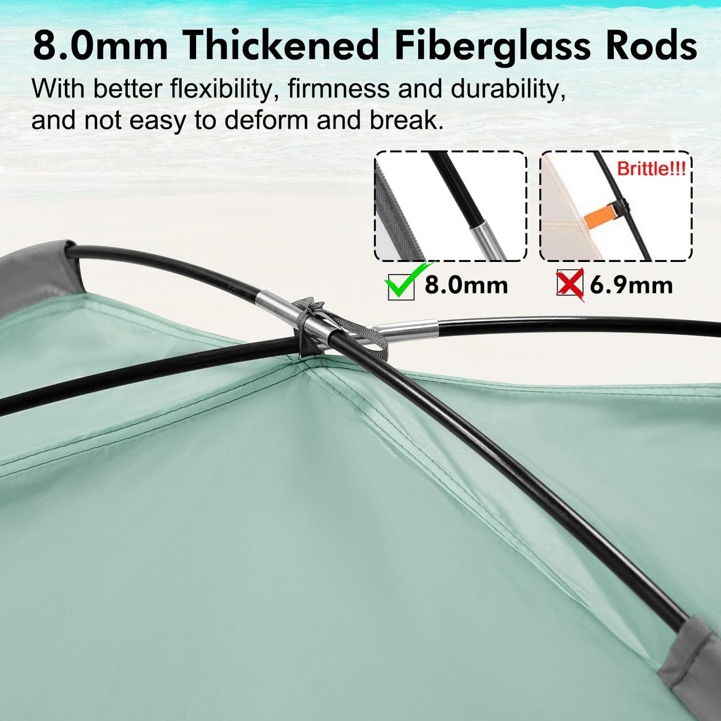 WhiteFang Beach Tent Anti-UV Portable Sun Shade Shelter for 3 Person with Blackout Shelter, Extendable Floor with 3 Ventilating Mesh Windows Plus Carrying Bag, Stakes and Guy Lines (Mint Green)