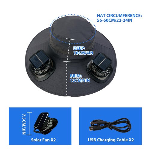 Wide Brim Solar Fan Outdoor Fishing Hat, 2 Solar Fan Hats for Men, USB & Solar Powered Fan Hat, Sombrero para el Sol Hombre, Sombrero con Ventilador Solar, Fan Hat Solar Powered UPF 50+ Grey